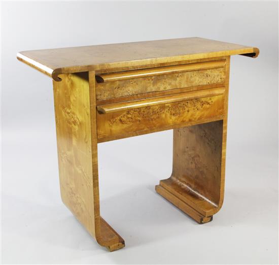 An Art Deco birds eye maple side table or serving table, W.3ft 3in.